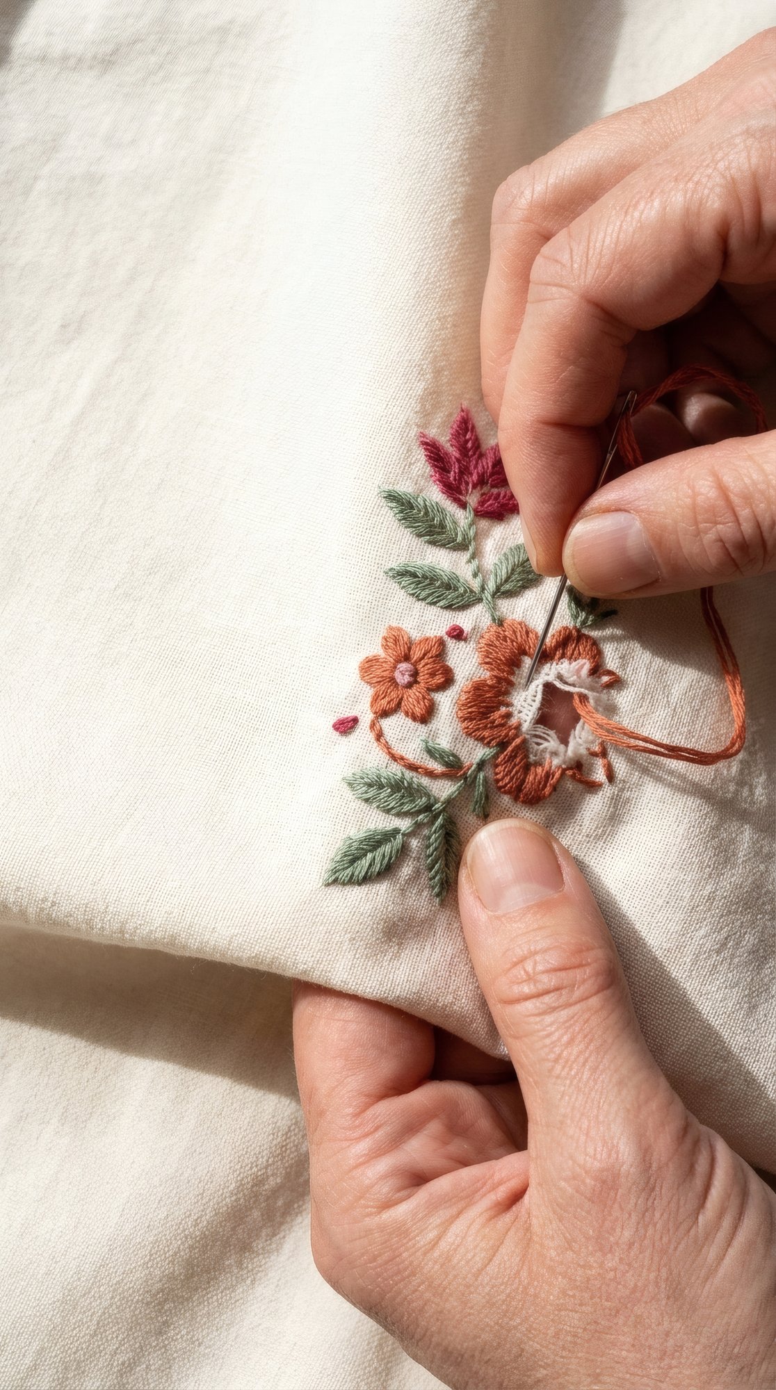 mani che ricamano un fiore su tela color crema